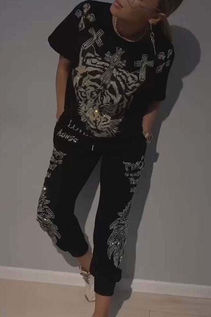 Nowak™ | Dwuczęściowy zestaw damski top i spodnie w modny wzór w romby